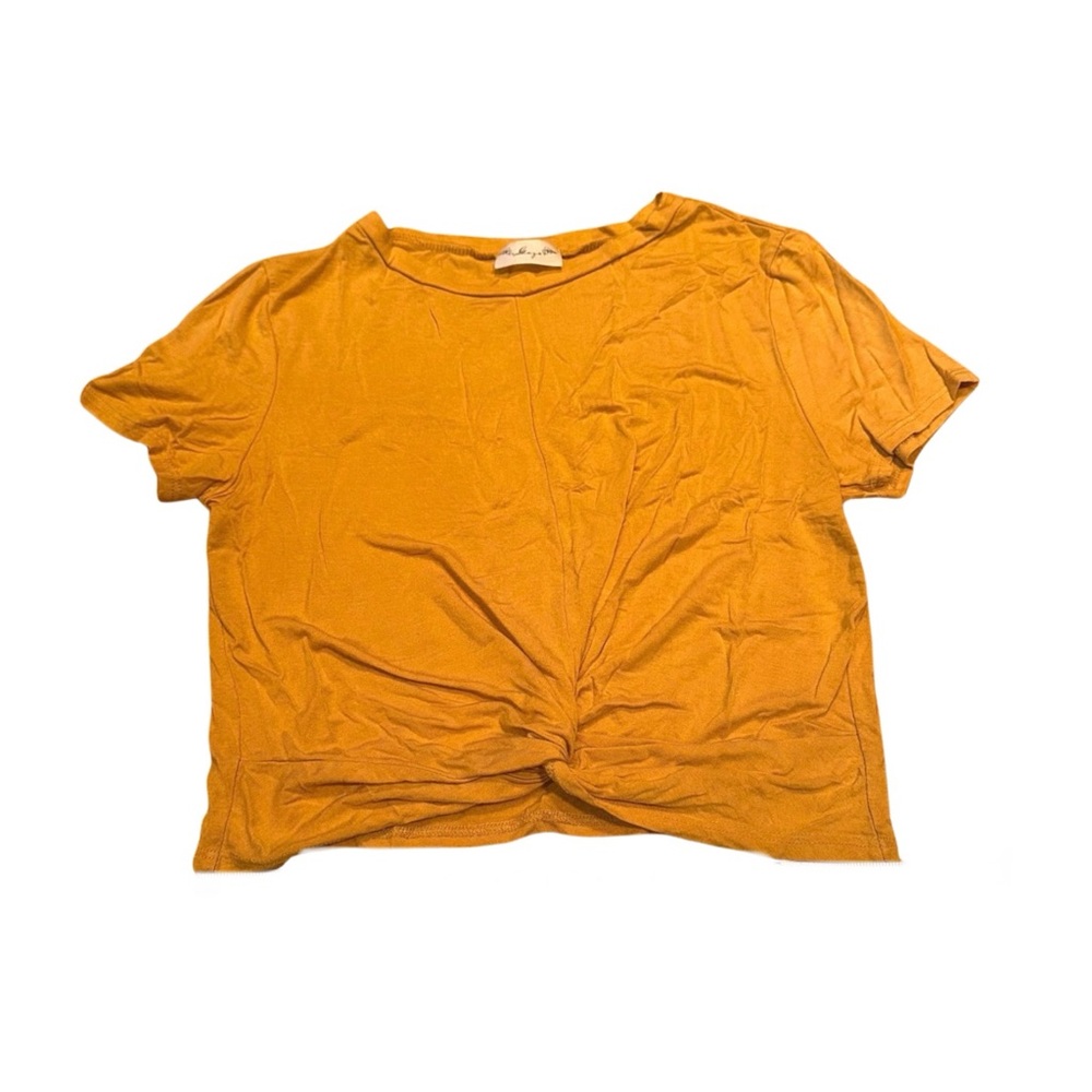 Gaze Mustard Yellow Twist Front Crop Tee Short Sleeve Casual Top